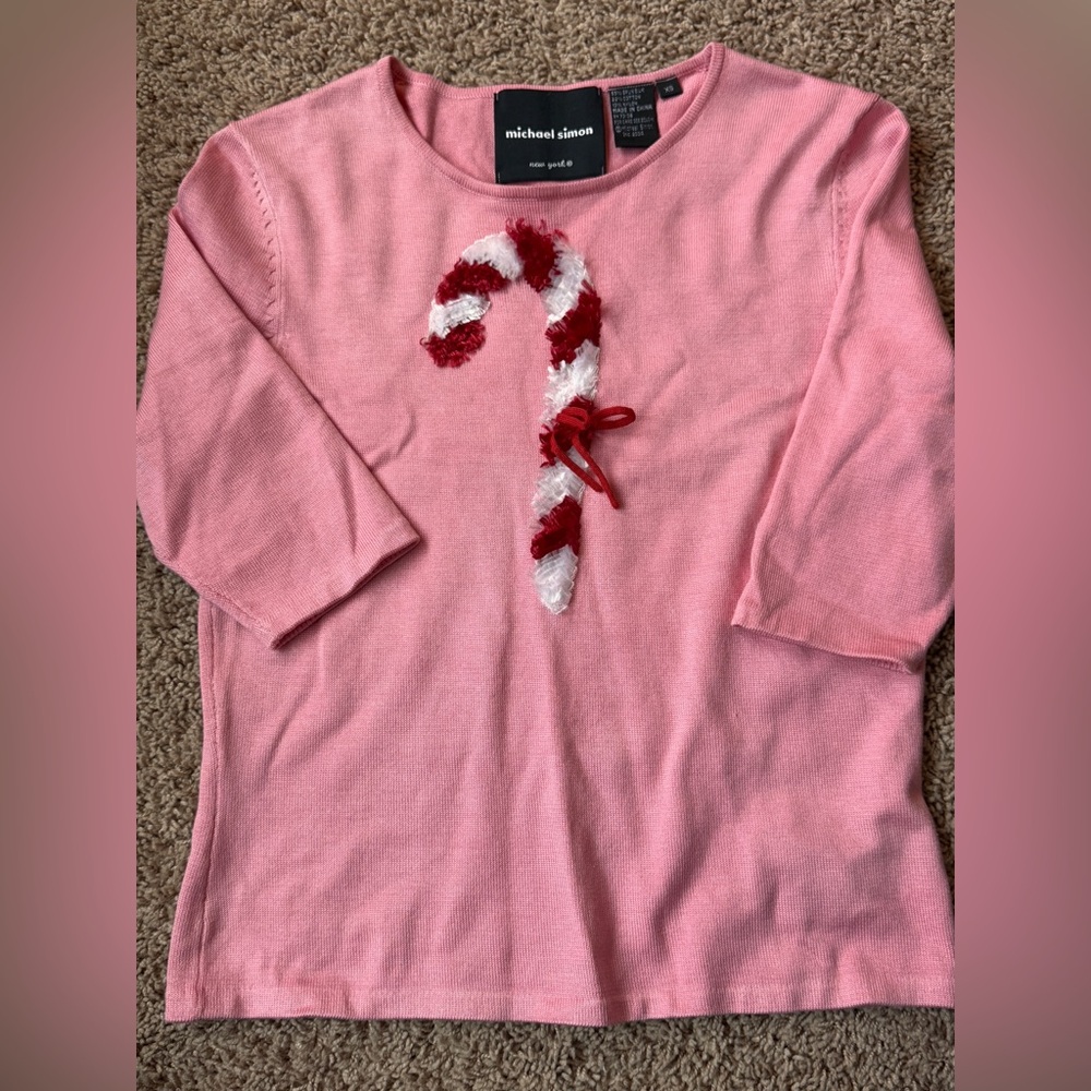Michael Simon Vintage Y2K Candy Cane Short Sleeve Knit Sweater Top